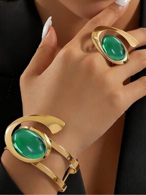 Gold-Tone Green Stone Open Cuff Bracelet and Ring Set